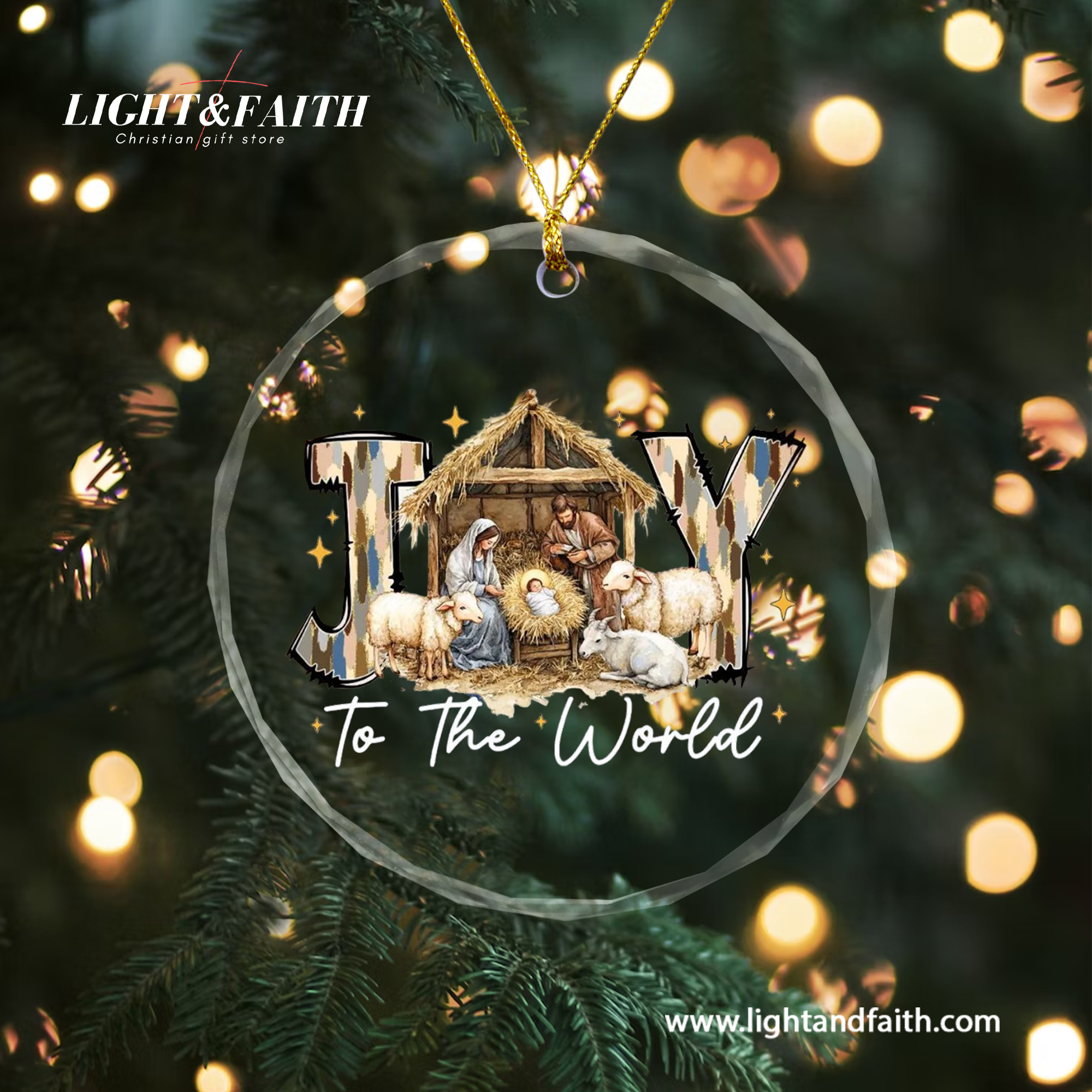 Joy to the World Glass Ornament, Nativity Scene Christmas Decor, Holy Family Ornament, Christian Faith Gift, Religious Christmas Tree Decoration DCLAF49